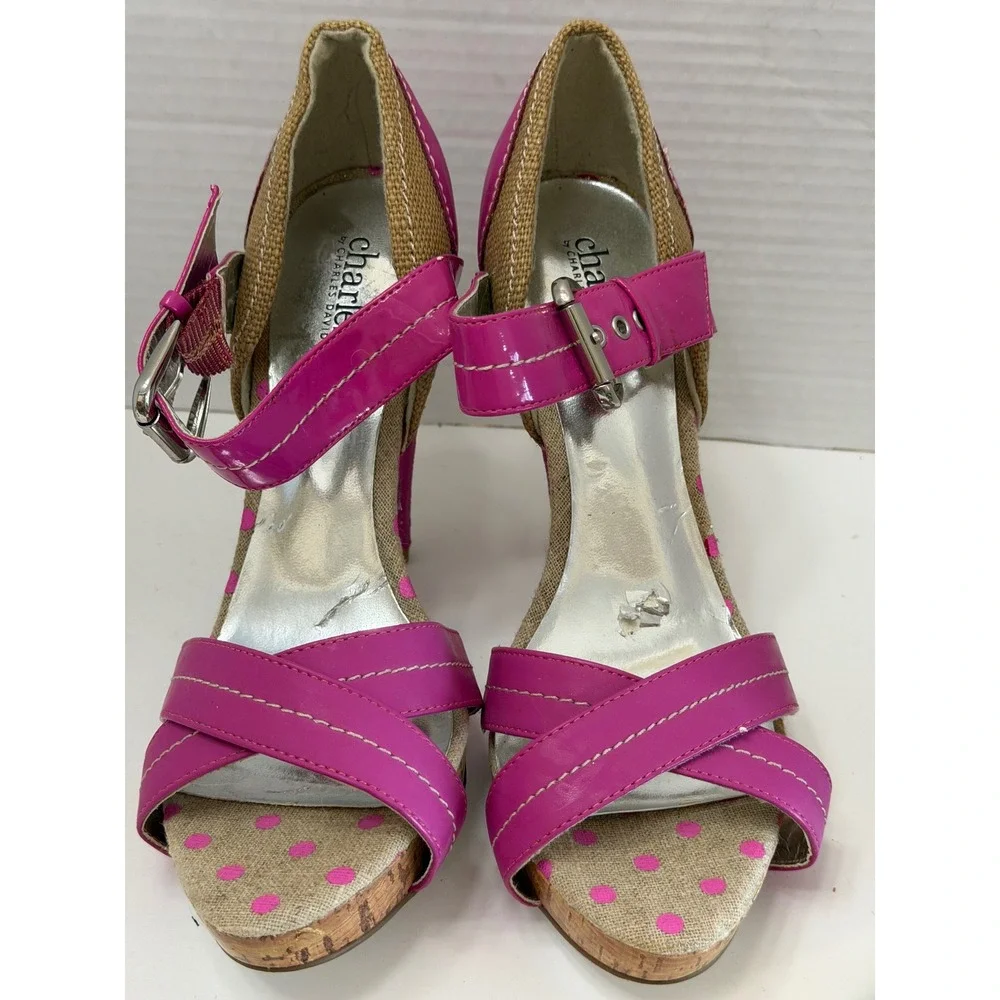 Charles by Charles David Pink Patent Polka Dot Cork Platform Sandals 9.5B
